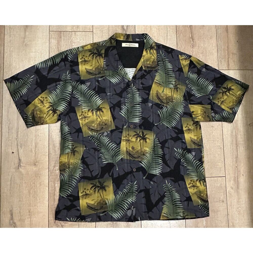Tommy Bahama Silk XL Wood Button Down Hawaiian Floral Tropical Shirt Black Green